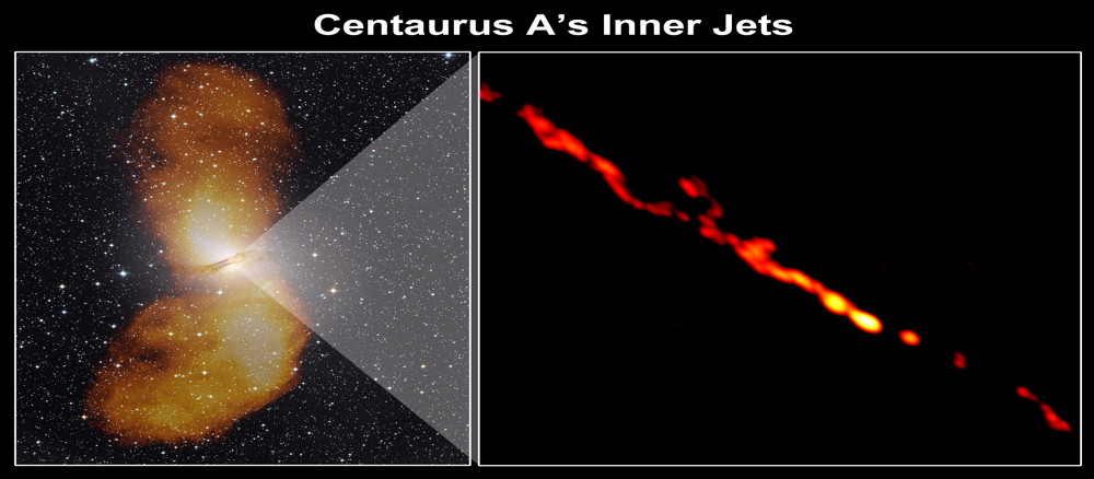Left: The giant elliptical galaxy NGC 5128 is the radio source known as Centaurus A. Vast radio-emitting lobes extend nearly a million light-years from the galaxy. Right: The radio image from the TANAMI project provides the sharpest-ever view of a supermassive black hole's jets.