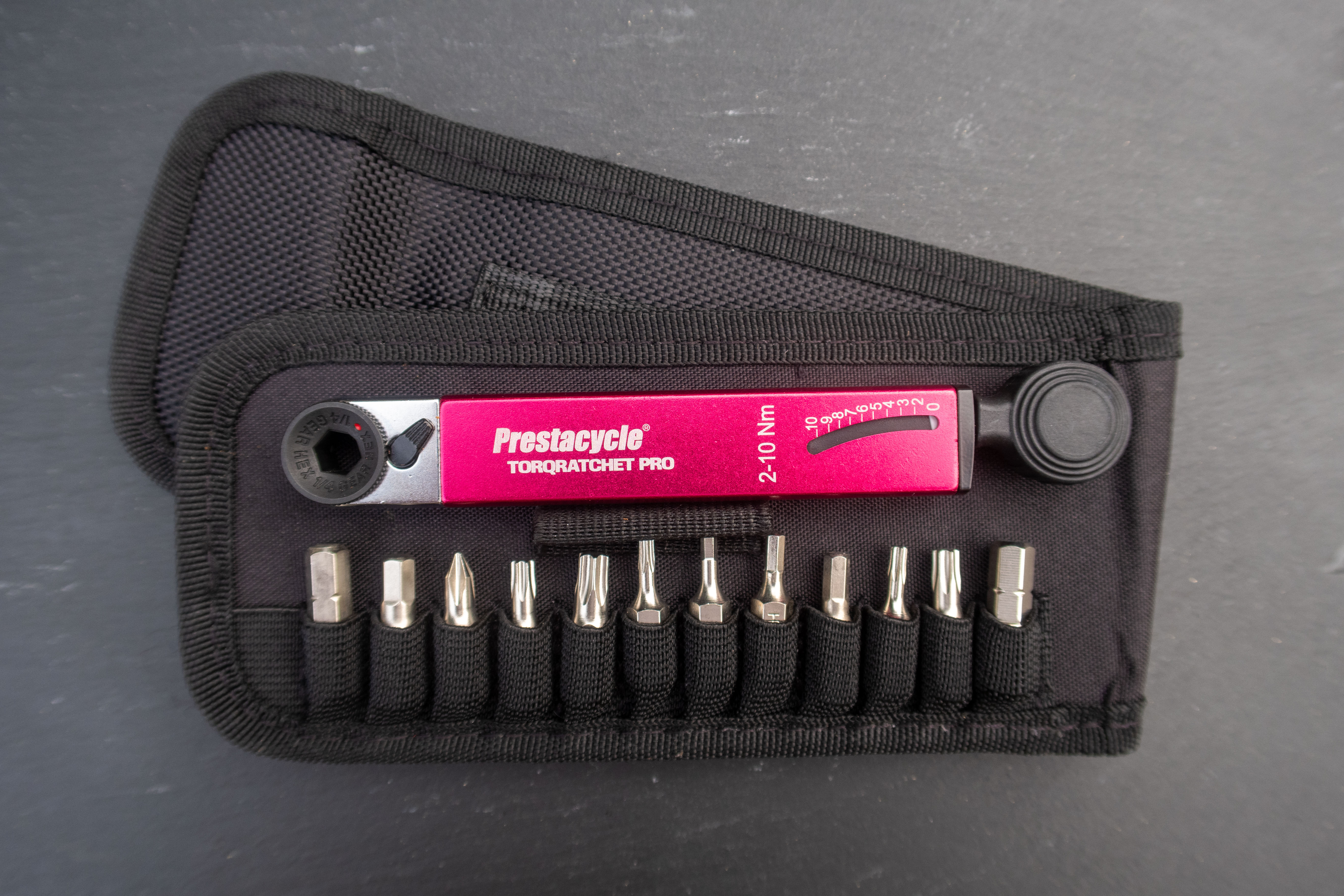 PrestaCycle Torqratchet pro in its neat travel case, with its supplied bits and recognisable red handle.