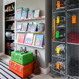 kids room with bookshelves, alcoves and locker style storage