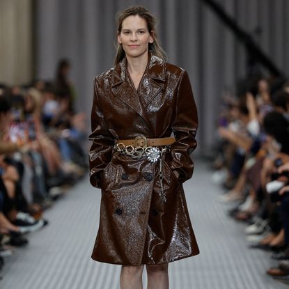 Hilary Swank walking for Miu Miu at Paris Fashion Week