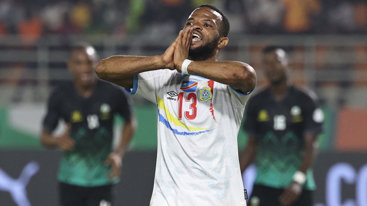 DR Congo&#039;s forward #13 Meschack Elia reacts during the Africa Cup of Nations (CAN) 2024 group F football match between Tanzania and Democratic Republic of Congo at the Amadou Gon Coulibaly Stadium in Korhogo on January 24, 2024.