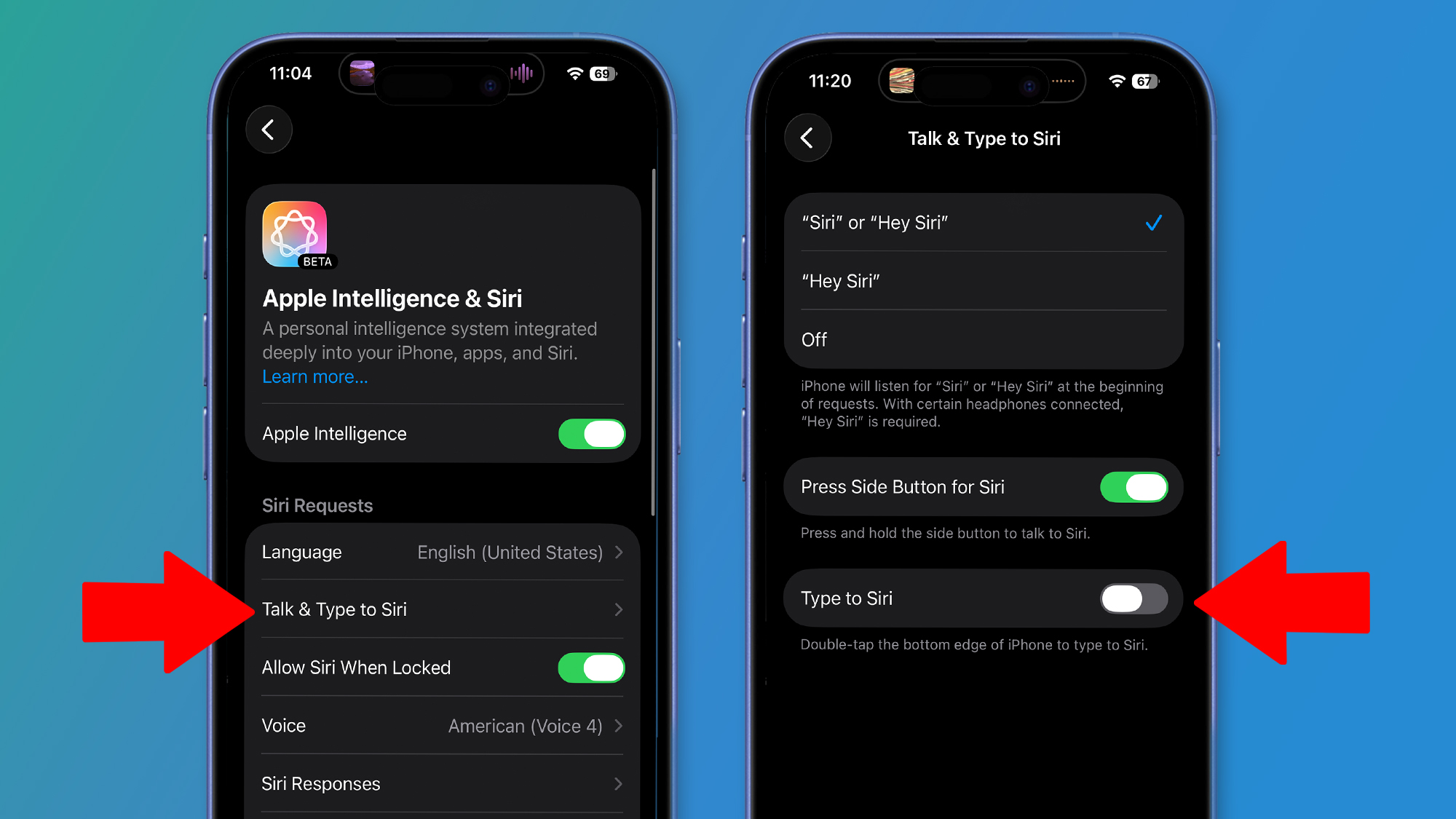Two iPhones on a green and blue background showing iOS 26 battery settings