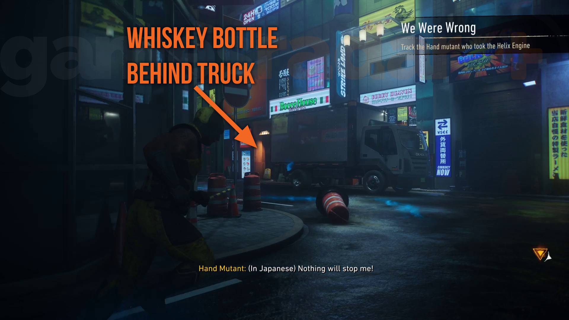 Marvel's Wolverine arrow pointing to whiskey bottle behind white truck in Kabukicho in We Were Wrong