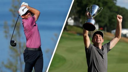 Why Keegan Bradley is the unsung hero of Full Swing 2: Keegan Bradley with the Travelers Championship trophy and after hitting a tee shot