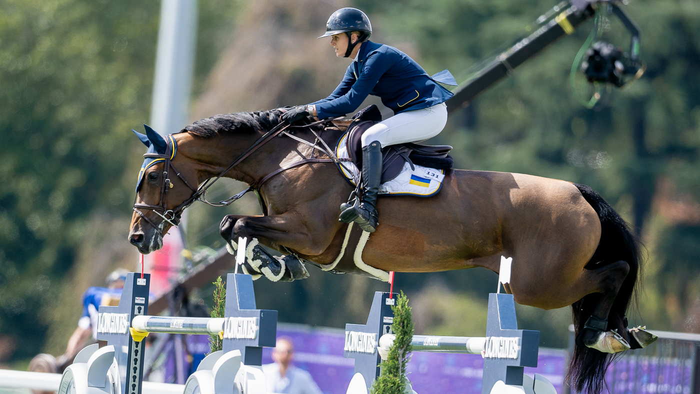 Alisa Danilova and Cossinelle competing for Ukraine at the European Showjumping Championships in Milan, Italy