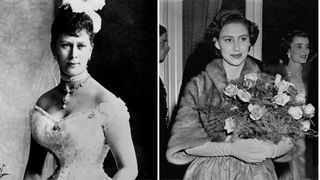 Undated picture showing the Princess Mary of Teck, the futur Queen Mary AND Two studies of Princess Margaret, sister of Queen Elizabeth II, made during her four day tour of British bases in Germany. Radiant in her party going clothes and carrying a big bunch of roses, the Princess arrives for the three services ball at Bad Eilsen. She is wearing a pink and white rose patterned gown of crinoline styling.