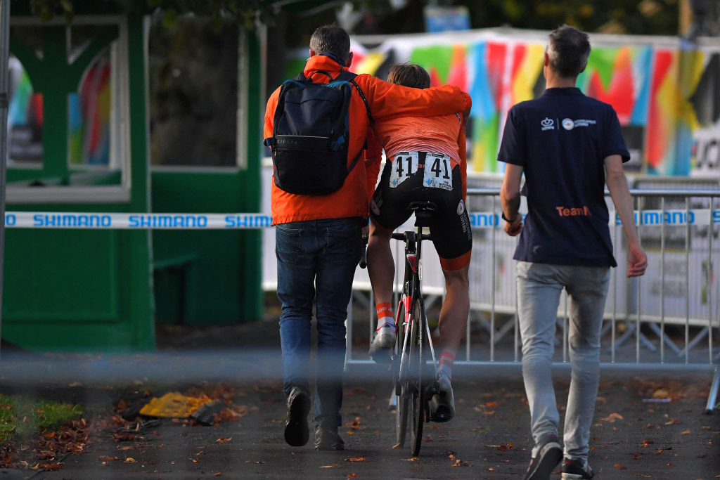 HARROGATE, ENGLAND - SEPTEMBER 27: Arrival / Nils Eekhoff of The Netherlands / Disappointment after disqualification for drafting off the national team car following a mid-race crash / during the 92nd UCI Road World Championships 2019, Men Under 23 Road Race a 173km race from from Doncaster to Harrogate 121m / @Yorkshire2019 / #Yorkshire2019 / on September 27, 2019 in Harrogate, England. (Photo by Tim de Waele/Getty Images)