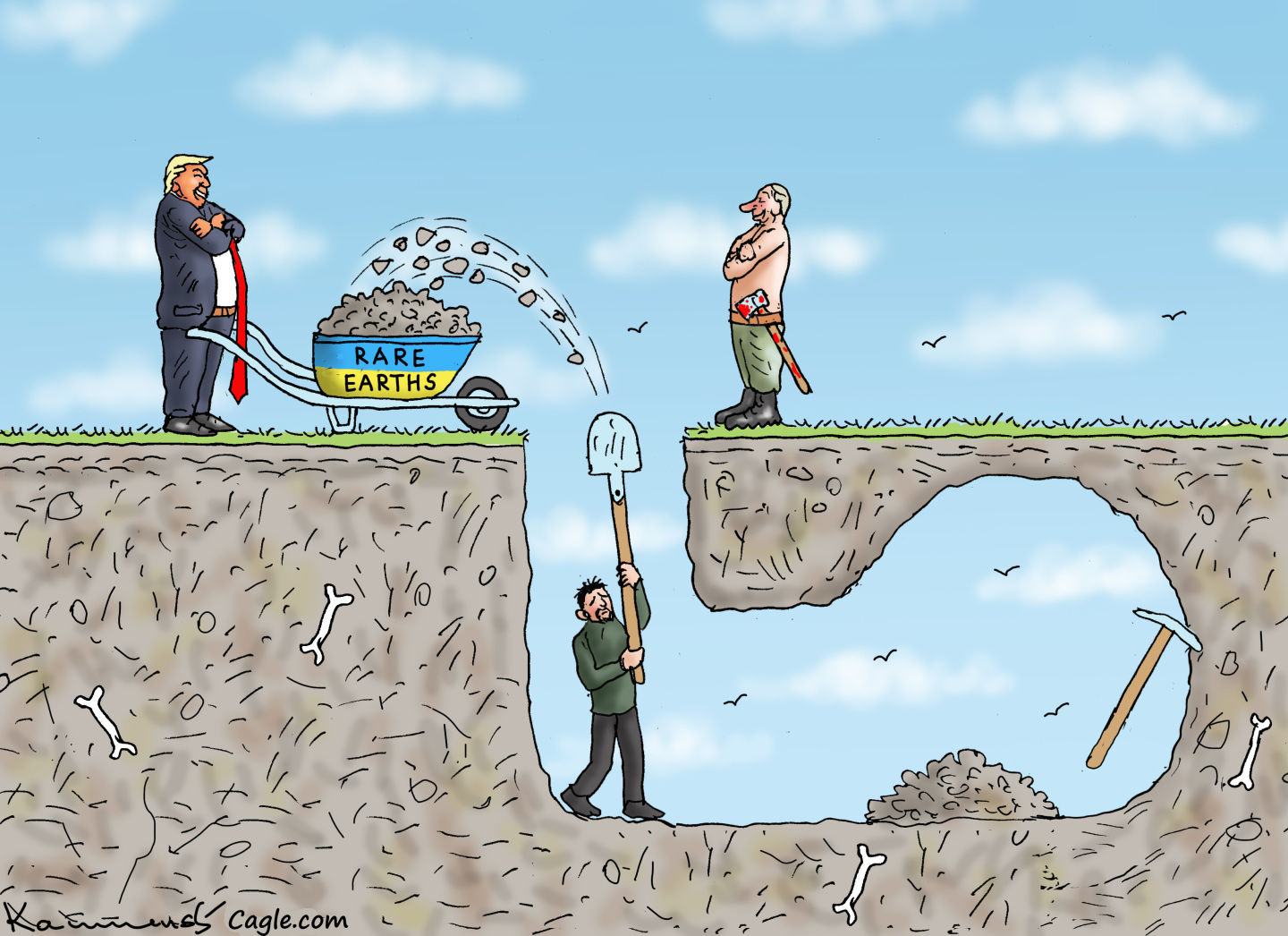 This cartoon depicts Donald Trump on one side of a large chasm next to a wheelbarrow labeled "RARE EARTHS." Below Trump, Volodymyr Zelenskyy is digging out the chasm with a shovel and flings materials into the wheelbarrow. Above him stands Putin, who appears to soon be headed to a fall into the chasm the longer Zelenskyy keeps digging.