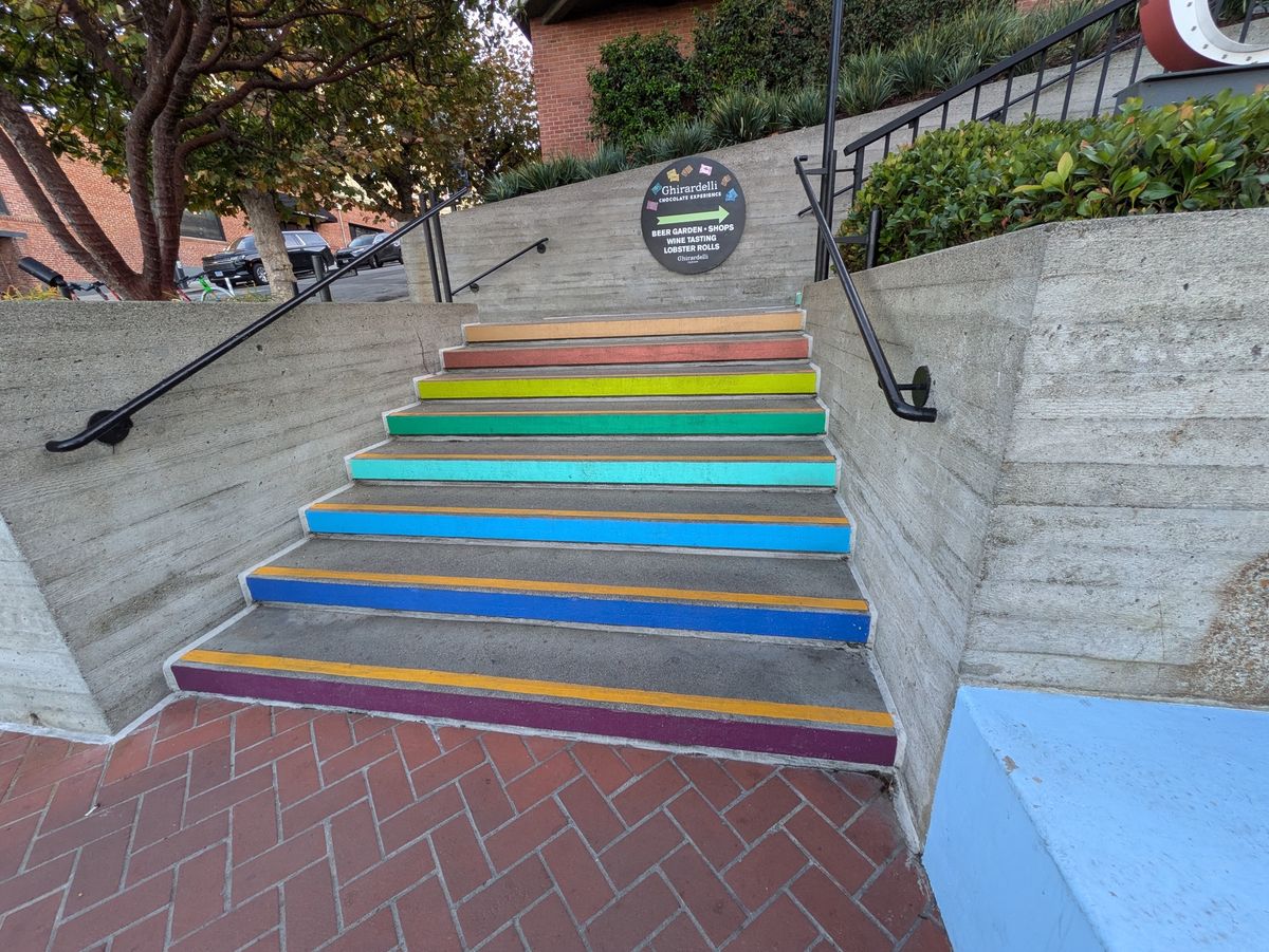 Shot of staircase painted in rainbow colors shot by Pixel 8a