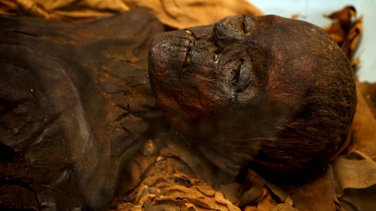 This mummy, of an unidentified woman, was discovered at Thebes in ancient Egypt and dates back to about 700 B.C.