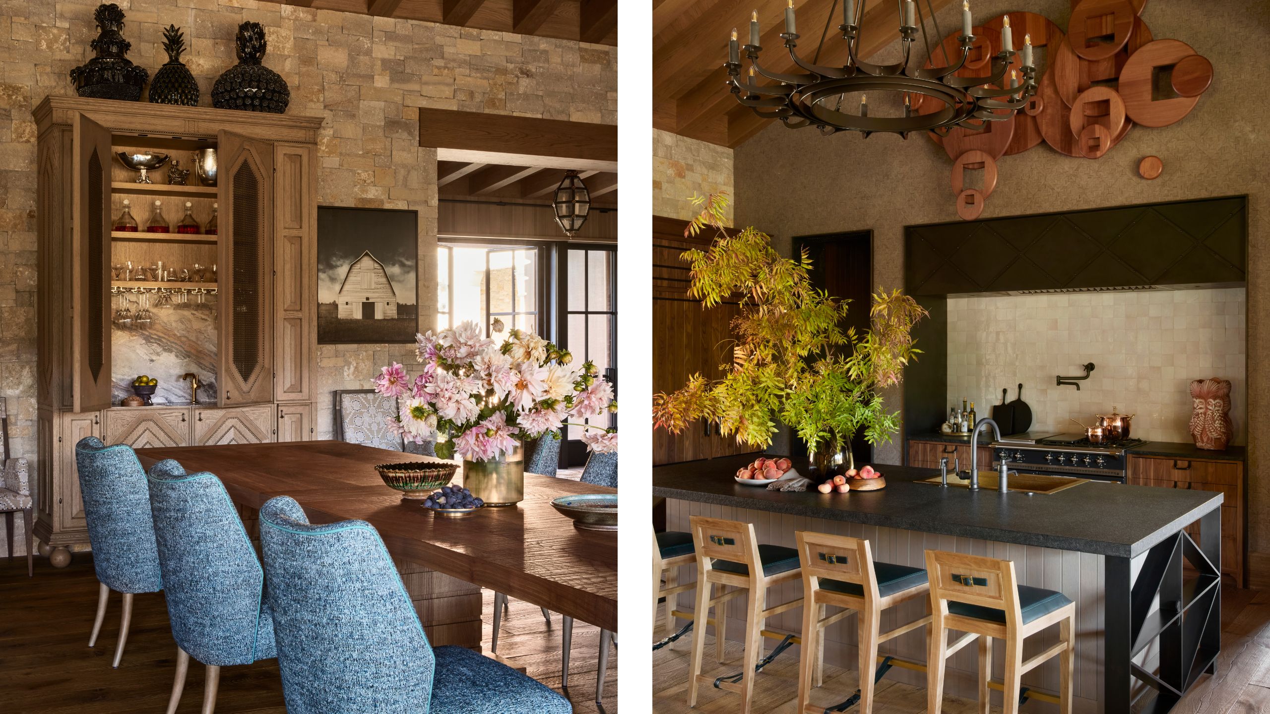 two side by side images of a ranch style kitchen and dining room with stone walls