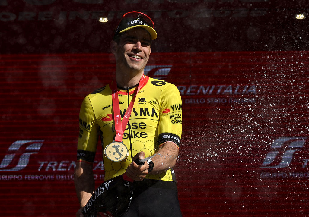 SIENA ITALY MAY 18 Wout Van Aert of Belgium and Team Visma Lease a Bike celebrates at podium as stage winner during the 108th Giro dItalia 2025 Stage 9 a 181km stage from Gubbio to Siena UCIWT on May 18 2025 in Siena Italy Photo by Tim de WaeleGetty Images