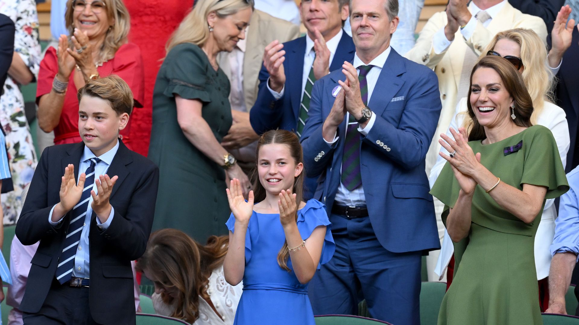 Prince George, Princess Charlotte and Kate Middleton applaud during the 2026 Wimbledon Men's Final on July 12, 2026