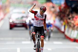BILBAO SPAIN AUGUST 24 Marc Soler Gimenez of Spain and UAE Team Emirates celebrates winning during the 77th Tour of Spain 2022 Stage 5 a 1872km stage from Irn to Bilbao LaVuelta22 WorldTour on August 24 2022 in Bilbao Spain Photo by Justin SetterfieldGetty Images