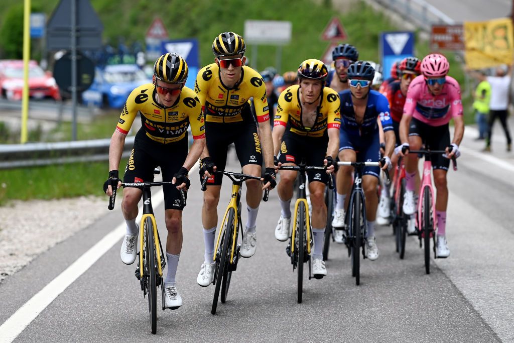 MONTE BONDONE ITALY MAY 23 LR Sam Oomen of The Netherlands Michel Hessmann of Germany Rohan Dennis of Australia and Team JumboVisma lead the peloton during the 106th Giro dItalia 2023 Stage 16 a 203km stage from Sabbio Chiese to Monte Bondone 1642m UCIWT on May 23 2023 in Monte Bondone Italy Photo by Tim de WaeleGetty Images