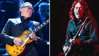 Joe Bonamassa [left] hits a high note on his 1959 Gibson Les Paul Standard. He wears a dark suit and shades. On the right, Rory Gallagher is pictured at the 1975 Reading Festival, and solos on his number one Strat.