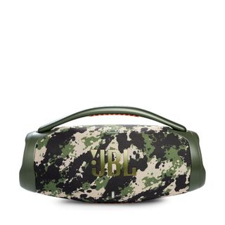 The portable JBL Boombox 3 in its green, cream and black camouflage design on a plain white background.