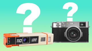 Lomomatic and Fujifilm product images against a light green to turquoise background with question marks