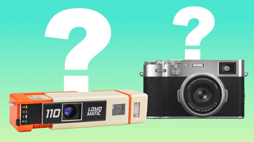 Lomomatic and Fujifilm product images against a light green to turquoise background with question marks 