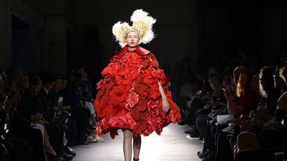 Fashion, Fashion model, Runway, Fashion show, Red, Haute couture, Event, Fashion design, Dress, Model, 