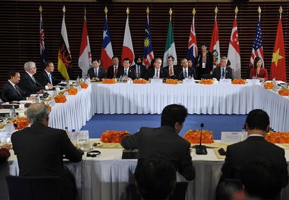 S President Barack Obama takes part in a meeting with leaders from the Trans-Pacific Partnership at the US Embassy in Beijing on November 10, 2014 in Beijing