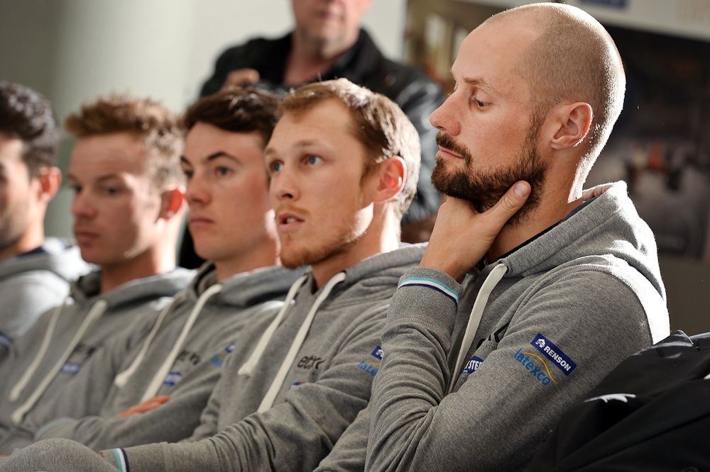 Ettix-QuickStep's Iljo Keisse, Yves Lampaert, Matteo Trentin and Tom Boonen attend a press conference ahead of Sunday's Tour of Flanders.