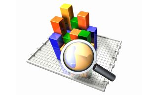 3d illustration of a magnifying glass hovering over a three-dimensional multi-colored bar chart