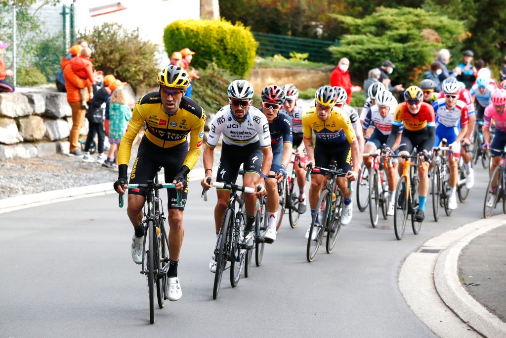 LIEGE BELGIUM OCTOBER 04 Tom Dumoulin of The Netherlands and Team JumboVisma Julian Alaphilippe of France and Team Deceuninck QuickStep World Champion Jersey Michal Kwiatkowski of Poland and Team Ineos Grenadiers Marc Hirschi of Switzerland Team Sunweb Primoz Roglic of Slovakia and Team JumboVisma Tadej Pogacar of Slovenia and UAE Team Emirates during the 106th Liege Bastogne Liege 2020 Men Elite a 257km race from Liege to Liege LBL classiquesardennes on October 04 2020 in Liege Belgium Photo by Bas CzerwinskiGetty Images