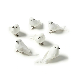 Set of 6 white feathered bird clip-on Christmas ornaments