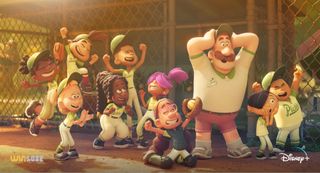 A still from Pixar's Win Or Lose, showing a softball team and their coach, all celebrating.