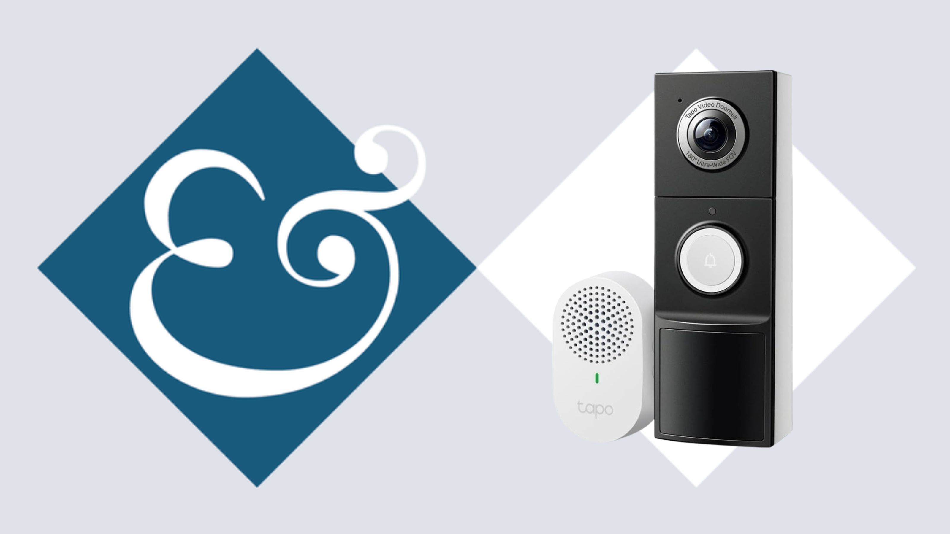 Image of the Tapo D235 Video Doorbell on a canva template design with the Homes &amp; Gardens '&amp;' logo to the left-hand side