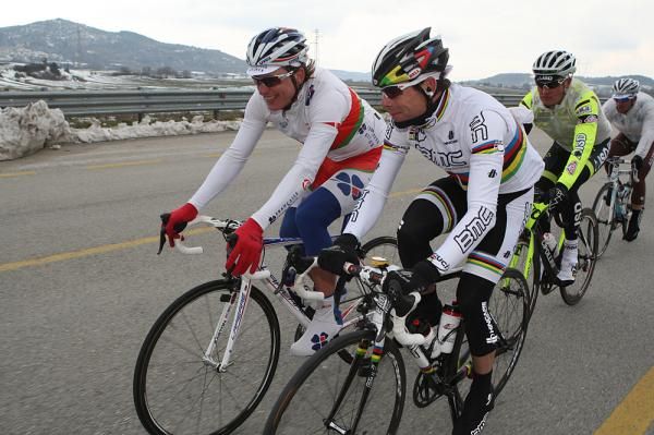 Yauheni Hutarovich (FdJ) and Cadel Evans (BMC)