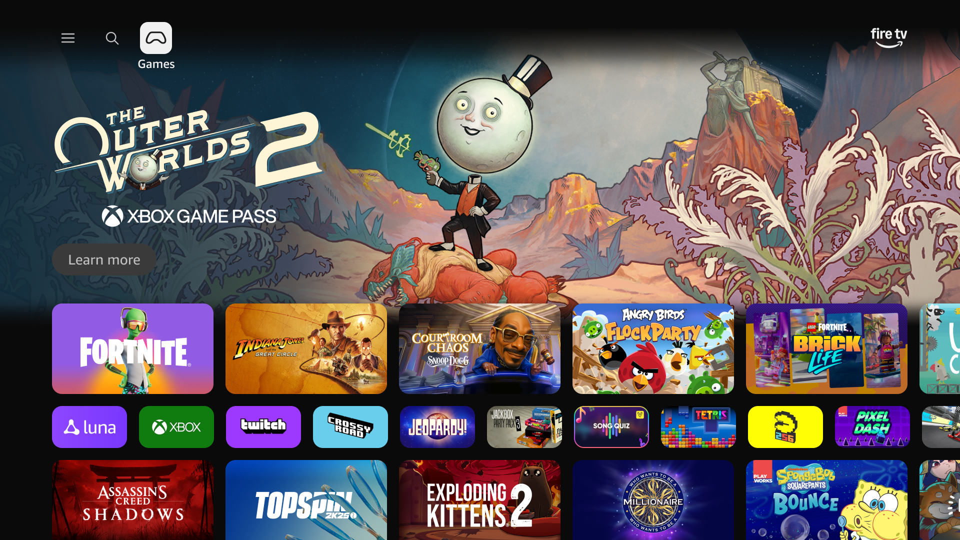 Screenshot of the 2026 Fire TV interface showing Xbox Game Pass integration