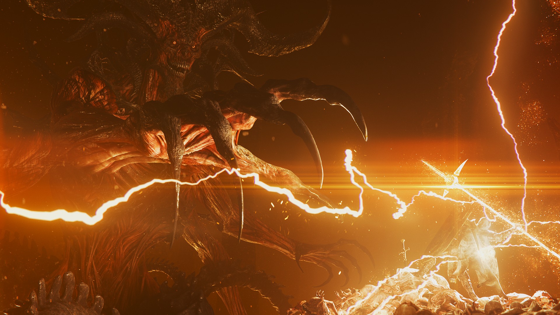 Demonic creature and Paladin in battle, lightning strikes between them