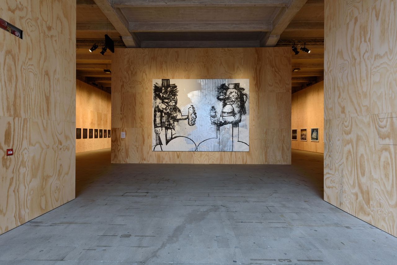 The entrance space of the Arsenale, featuring Double Elvis, by George Condo, 2019