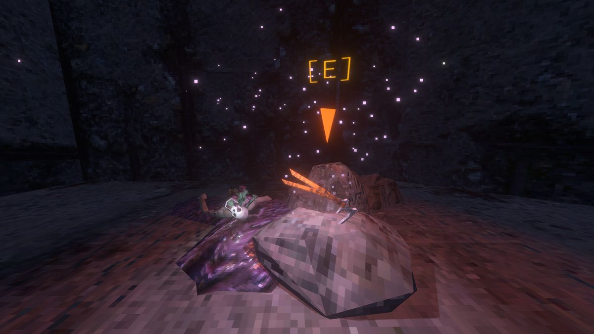 Lorn's primary climbing axes embedded in a rock next to a dead body with fungus growing out of it