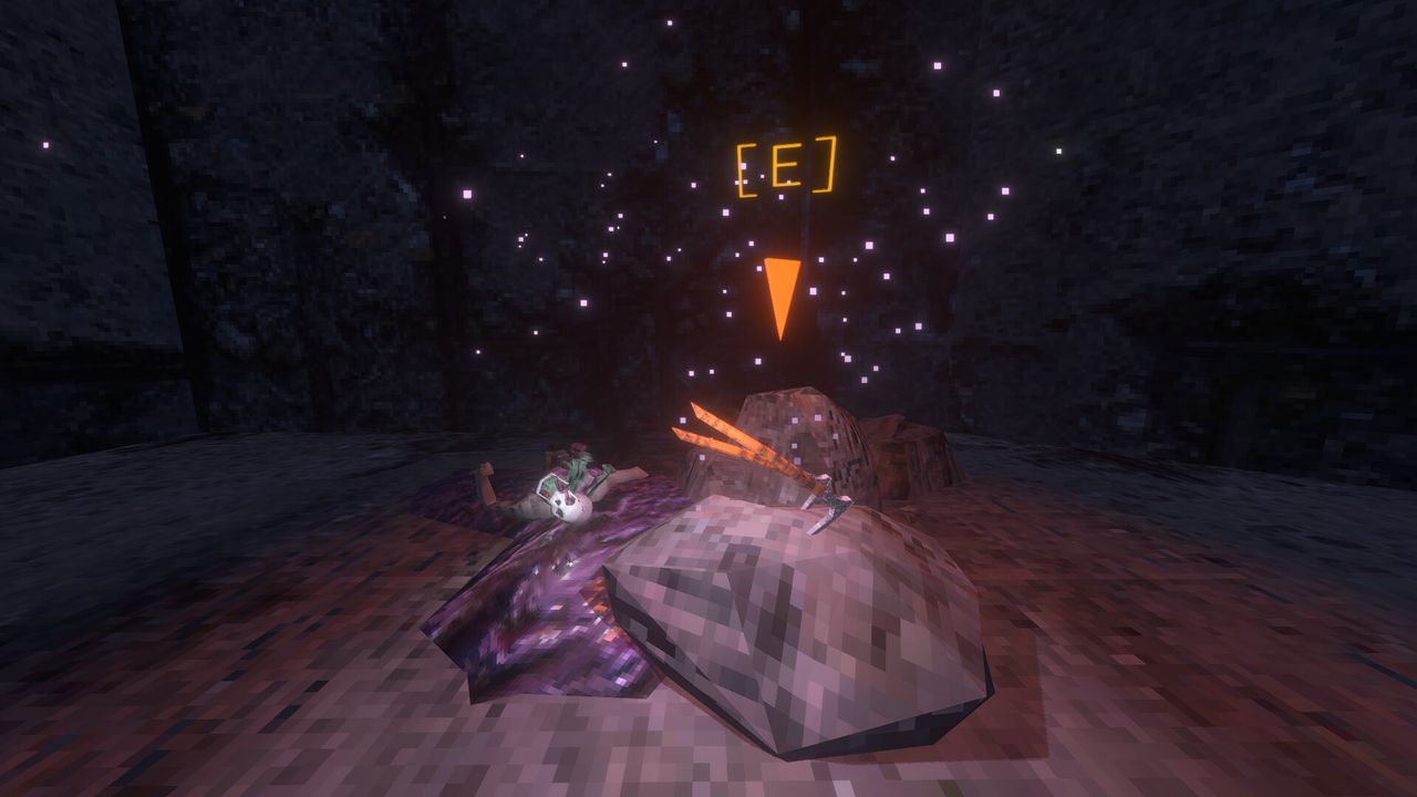 Lorn's primary climbing axes embedded in a rock next to a dead body with fungus growing out of it