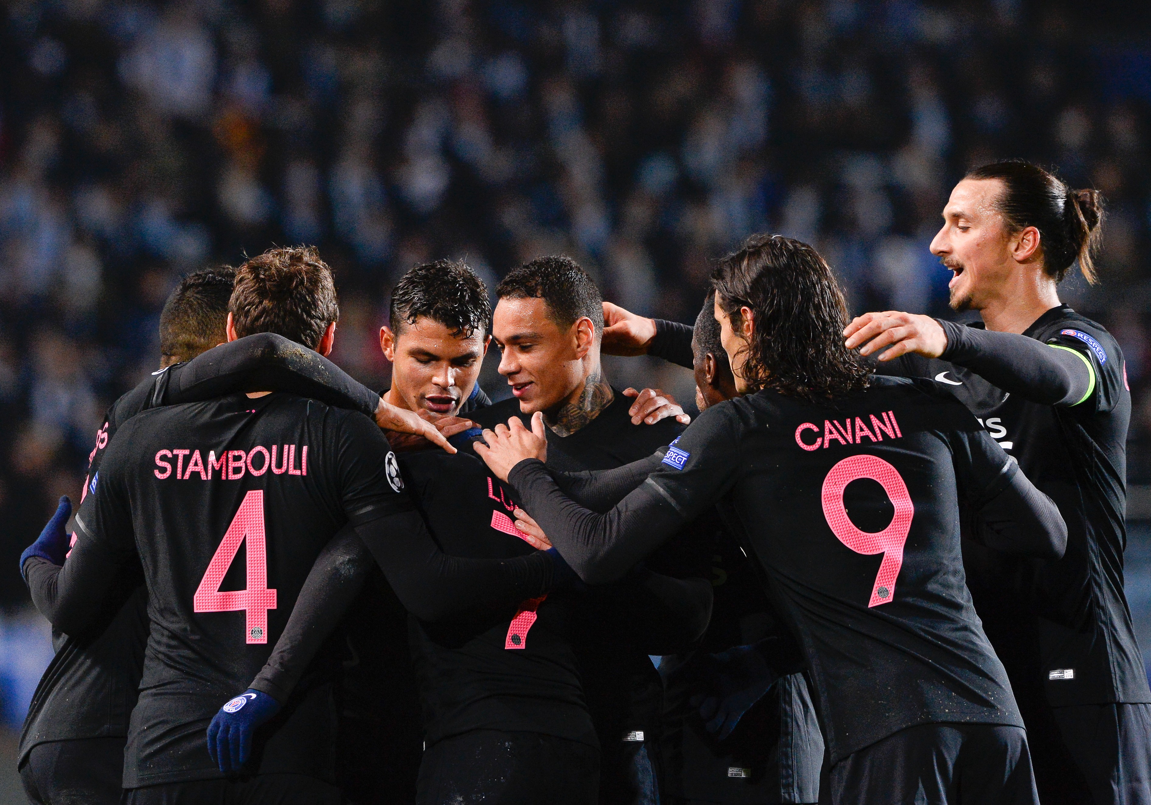 Paris Saint-Germain players celebrate a goal against Malmo in the Champions League in September 2015.