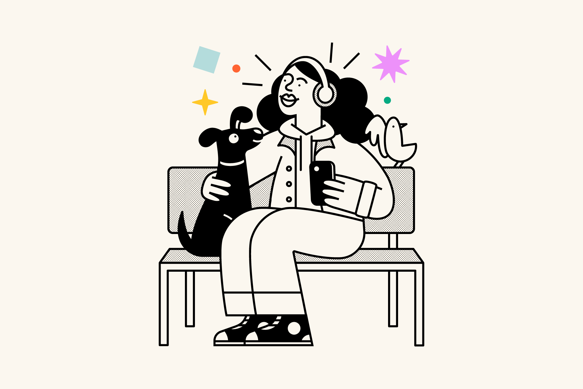 Creative Boom Podcast Logo, lady listening to podcast on park bench with her dog.