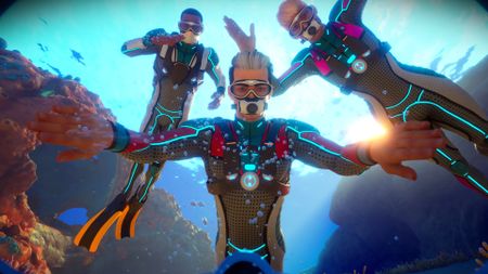 Subnautica 2 screenshot from Buddy System update 1.2 trailer showing three divers crowding around a downed player