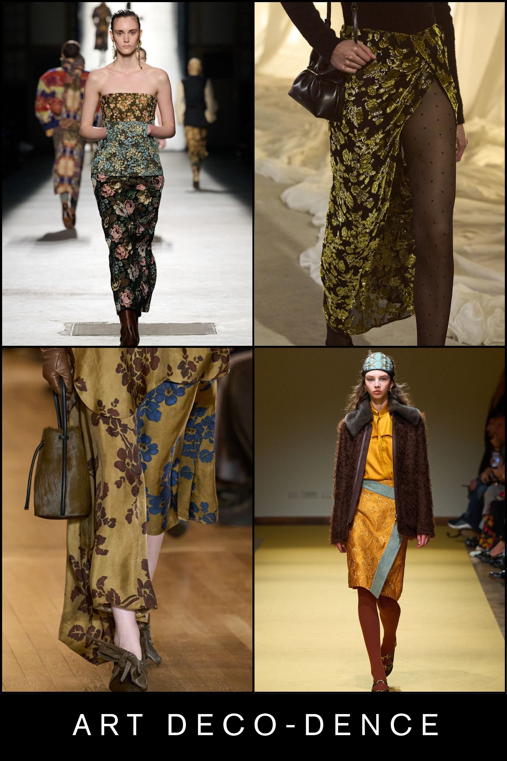 anti-trouser trends: collage of art deco skirts on the Dries Van Noten, Balmain, Uma Wang, Hui runways