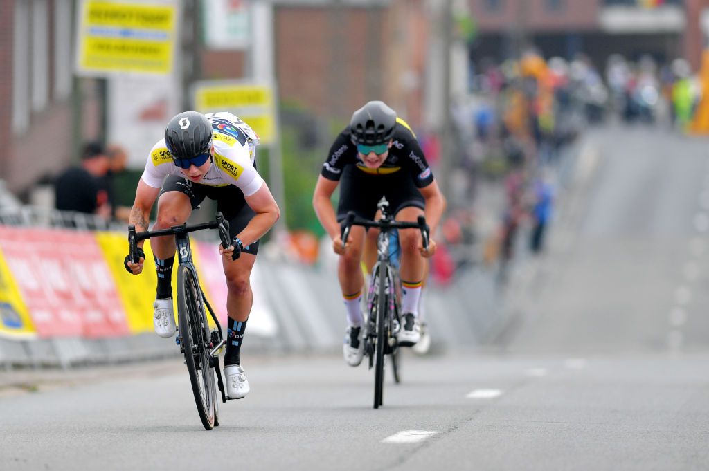 GALMAARDEN BELGIUM JUNE 24 Lorena Wiebes of The Netherlands and Team DSM White Best Young Rider Jersey Lotte Kopecky of Belgium and Belgium National Team sprint at arrival during the 9th Lotto Belgium Tour 2021 Stage 2 a 1375km stage from Galmaarden to Galmaarden LottoBelgTour LottoBelgiumTour on June 24 2021 in Galmaarden Belgium Photo by Luc ClaessenGetty Images