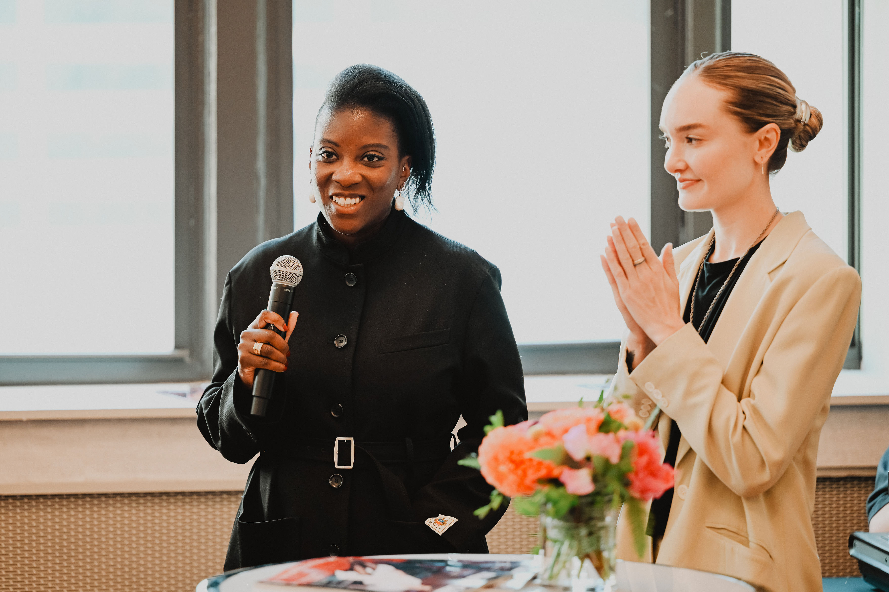 Marie Claire's Editor-in-Chief, Nikki Ogunnaike, and Beauty Director, Hannah Baxter, share a few opening remarks at the Marie Claire Beauty Awards breakfast.