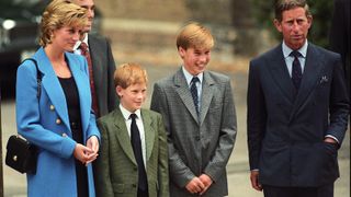 Princess Diana, Prince Harry, Prince William, Prince Charles at Prince William first day at Eton.
