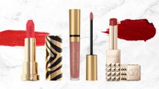 Collage of three of the best long lasting lipsticks featured in this guide from (left to right) Sisley Paris, Max Factor and Valentino, set in front of two different shades of red swatches, against a white marble effect background