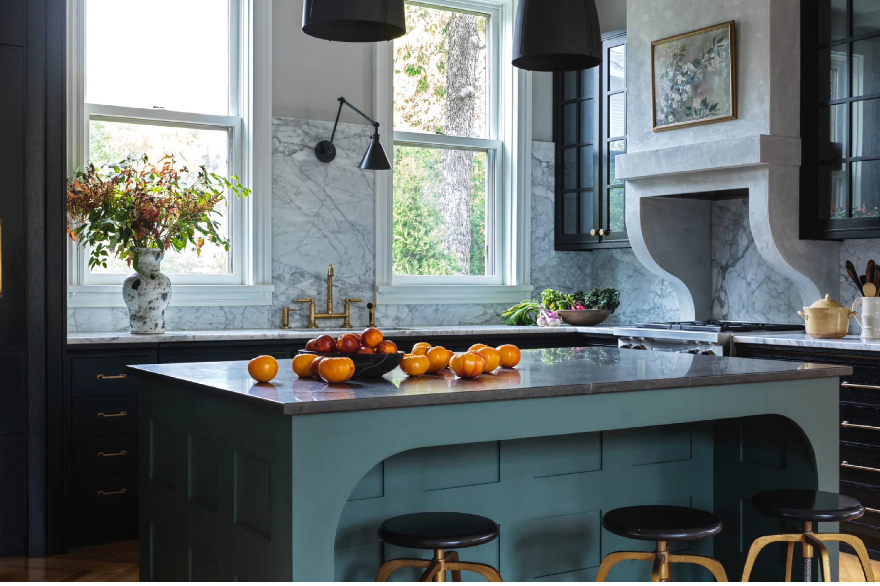 teal kitchen island with marble countertop by Prospect Refuge Studio