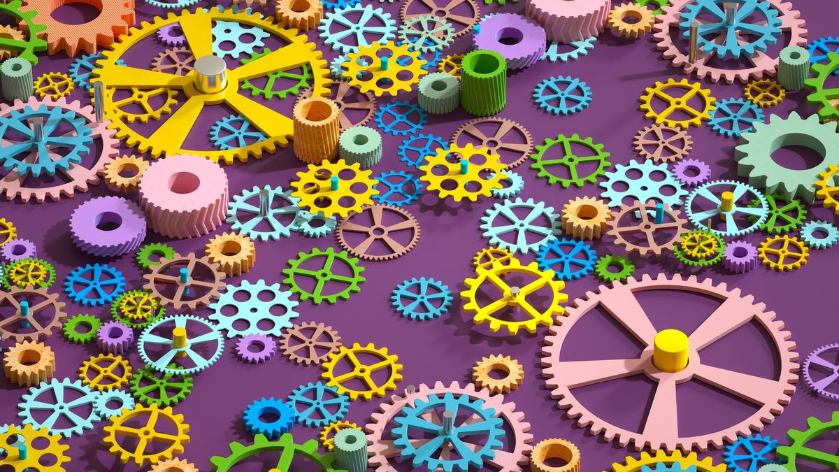 A CGI render of a dozens of multi-colored gears of all different shapes representing open source software, set against a purple background.