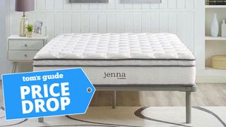 The Jenna Modway Mattress in a neutral coloured bedroom with a blue price drop sales badge overlaid on the image