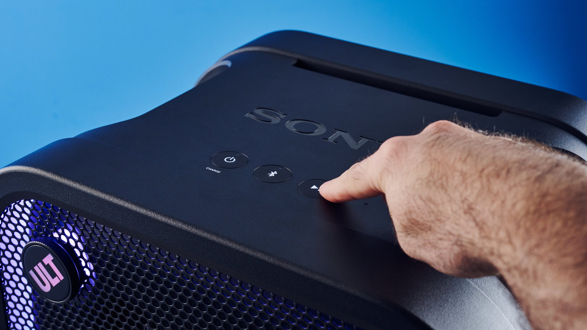 A black Sony ULT Tower 7 party speaker