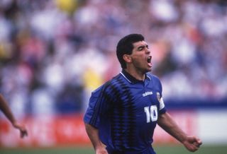 Diego Maradona celebrates after scoring for Argentina against Greece at the 1994 World Cup.